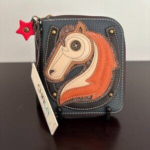 Chala Navy Tan Orange Embroidered Horse Zip Around Wristlet Wallet New